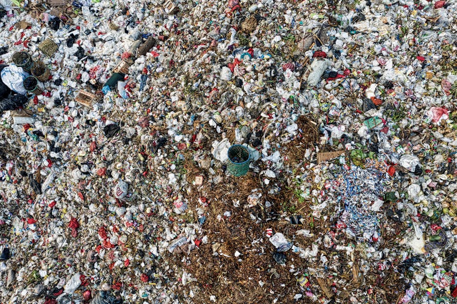 An expansive view of a large, unmanaged landfill site filled with a dense layer of mixed waste materials. The surface is predominantly covered with crumpled, torn, and flattened plastic bags, wrappers, and packaging in various colours including white, red, and blue. Scattered among the plastic debris are pieces of cardboard, paper, and food packaging, some partially buried or compressed. In the middle ground, a small blue plastic bucket is visible, partially filled with dark soil or organic waste. The environment appears outdoor with natural daylight illuminating the uneven, textured surface. The waste is piled in an irregular manner, with some areas more compacted and others looser, creating a chaotic landscape of discarded materials. A few small green plants are emerging amidst the trash, indicating some environmental interaction. The scene clearly depicts a non-engineered waste dump, relevant to private rubbish removal and alternative waste handling services, emphasizing the importance of proper rubbish disposal and waste management solutions offered by Waste Disposal Lewisham.