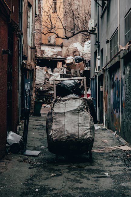 A narrow urban alleyway cluttered with a large, weathered black garbage bag positioned at the foreground, partially covering a wheeled trolley. Behind the trolley, there is an extensive pile of mixed waste materials, including flattened cardboard boxes, plastic bags, and discarded paper, stacked against a makeshift wooden barrier at the end of the alley. The surrounding environment consists of brick and concrete building facades on either side, one of which features graffiti art, and the other has small, barred windows and utility boxes attached to the wall. Bare tree branches extend overhead, indicating a winter or late autumn setting. The ground appears damp and littered with small debris, reflecting low, diffuse natural light typical of overcast weather. The scene illustrates a typical outdoor rubbish accumulation area that could be associated with private waste collection services, such as those provided by Waste Disposal Lewisham, and highlights the challenges of access and clearance in confined urban spaces. The overall tone remains neutral and observational, focusing solely on visible details and environmental context.