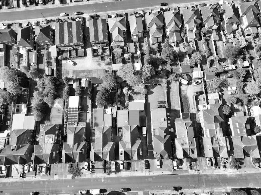 An aerial black-and-white photograph of a residential neighbourhood showing a street lined with detached and semi-detached houses, each with pitched roofs, front gardens, and driveways. The street is populated with parked cars along both sides, with some vehicles partially visible in the image. Behind and beyond the houses, an area of green space with numerous trees and open fields extends into the background, creating a contrast with the densely built-up area. The scene appears to be illuminated by natural daylight, with shadows cast by the trees and buildings highlighting the textures of the rooftops and tree foliage. The environment suggests a suburban setting, where property boundaries are clearly defined by fences and walls, with potential signs of recent property or estate clearance in the form of organized vacant plots or cleared backyard areas. This perspective emphasizes the layout of the neighbourhood, aligning with services offering private waste collection and on-site clearance by Waste Disposal Lewisham.