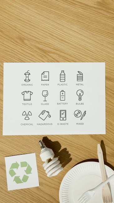 A white instructional sheet featuring black line icons representing various waste categories such as organic, paper, plastic, metal, textile, glass, battery, bulbs, chemical, hazardous, e-waste, and mixed waste, is positioned on a light wooden surface. Below the sheet, there is a small white cube with a green recycling symbol and a compact fluorescent light bulb lying on its side, with its base visible. To the right, part of a white disposable plate with a white plastic fork resting across it is visible, with a white disposable knife placed on the plate. The scene appears to be set in an indoor environment, illuminated by soft, natural lighting, emphasizing the clean and organised setup that relates to waste sorting and disposal practices, highlighting the importance of proper rubbish management. Waste Disposal Lewisham's presence is inferred through the context of waste categorisation, matching the themes of better disposal and recycling options without overt promotion.